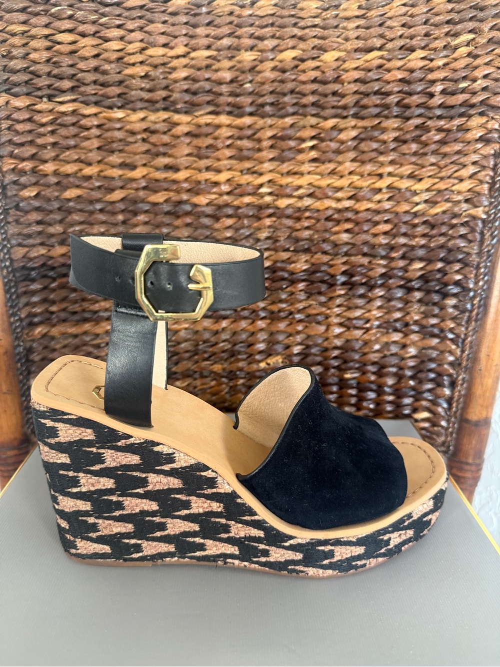 Louise et Cie Black Suede & Patterned Wedge Sandals